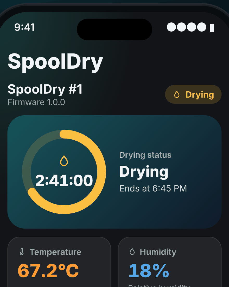 SpoolDry app dashboard showing PA-CF drying at 67.2 °C and 18 % humidity